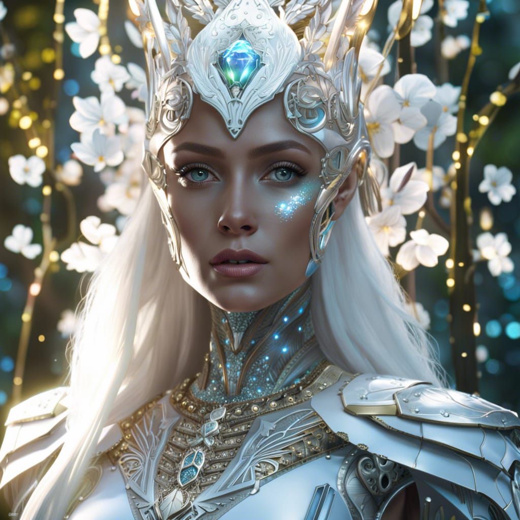 Futuristic Robot Woman in a Crystal Forest