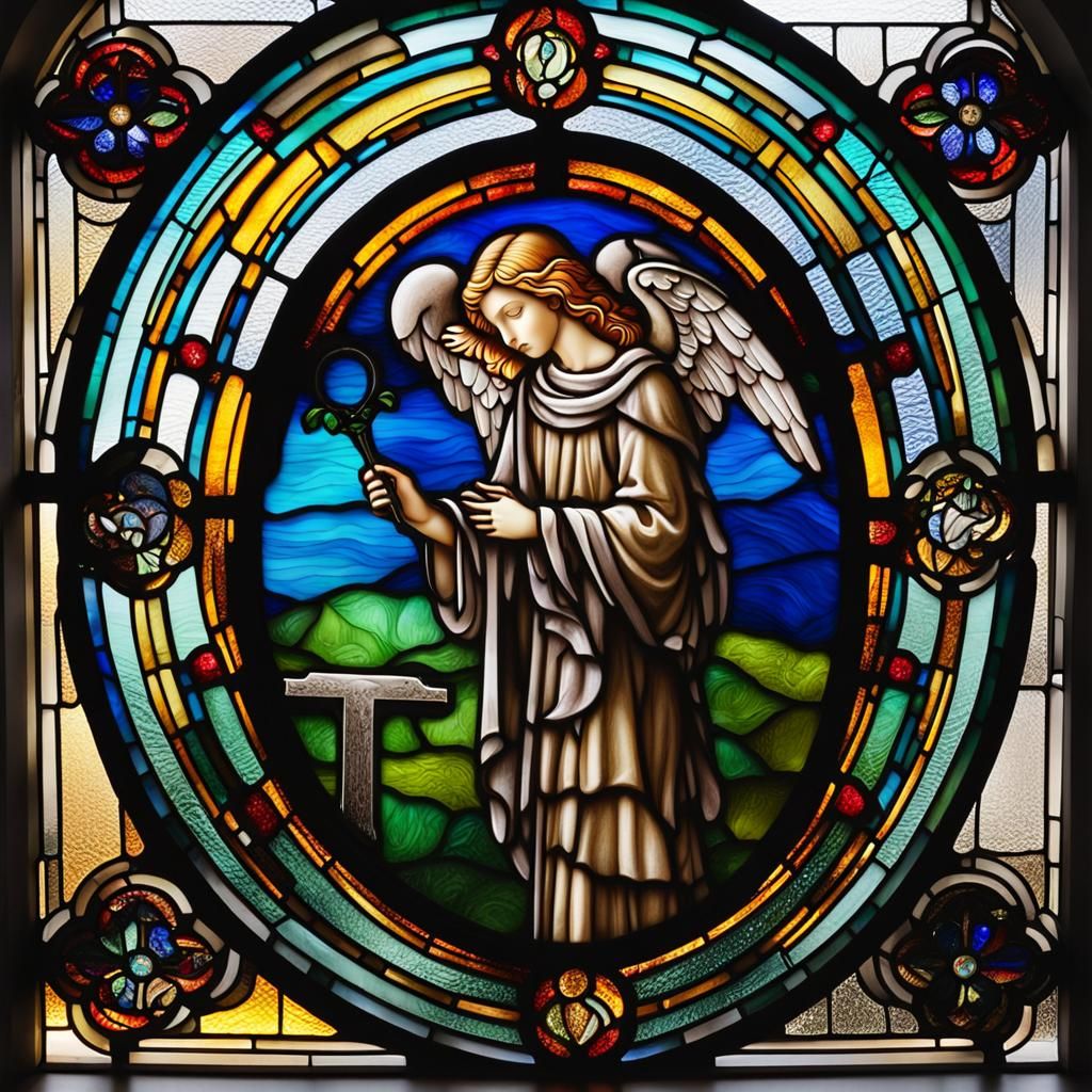 Stained Glass Angel Over Grave, Modern Style