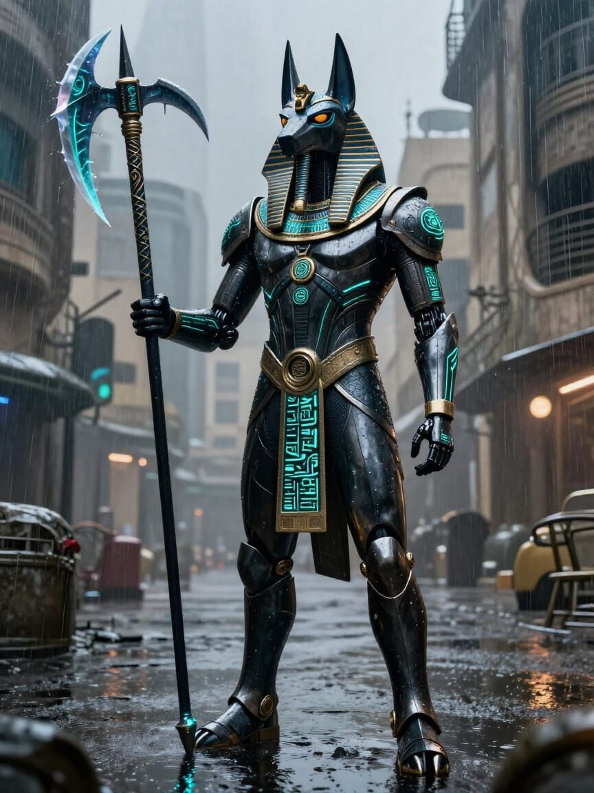 Cybernetic Anubis Guardian in Futuristic Cairo