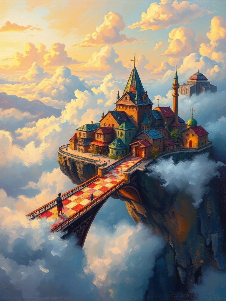 Neo-Impressionist Village Above the Clouds