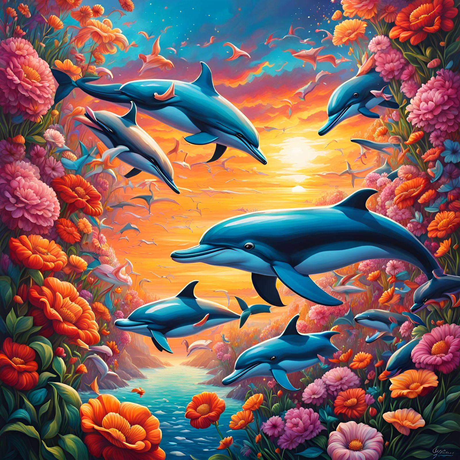 Explosion of Flowers and Dolphins in Graffiti Art