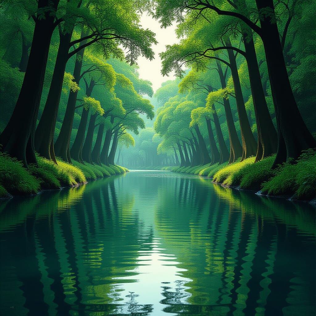 Reflective Forest River in Atmospheric Digital Art