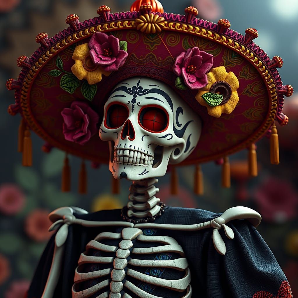 " Catrina skeletons mejicana con sombrero chino "
" Pintura mate detallada, colores profundos, fantástico, detalles intr...