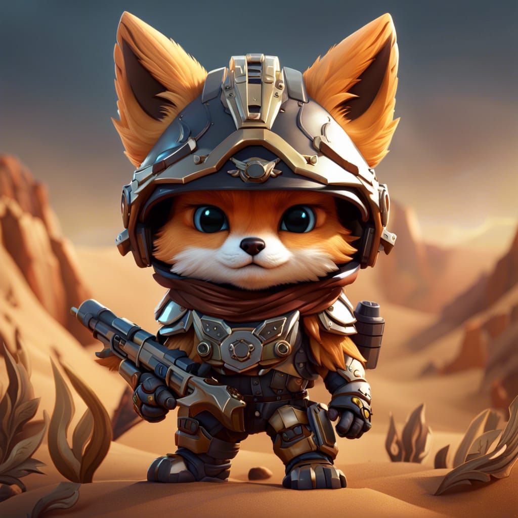 War-Ready Desert Fox Chibi in Detailed Matte Painting