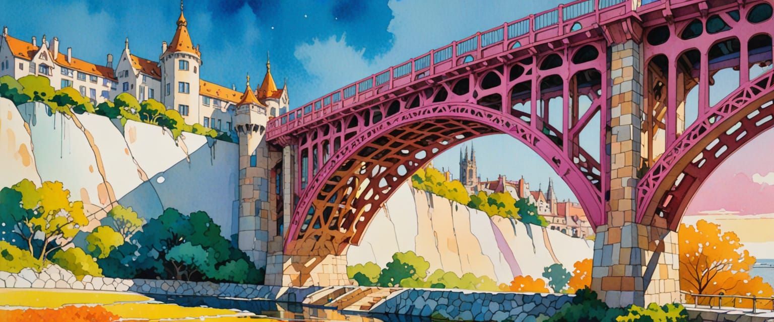 Whimsical Bridge Design in Mixed Artistic Styles