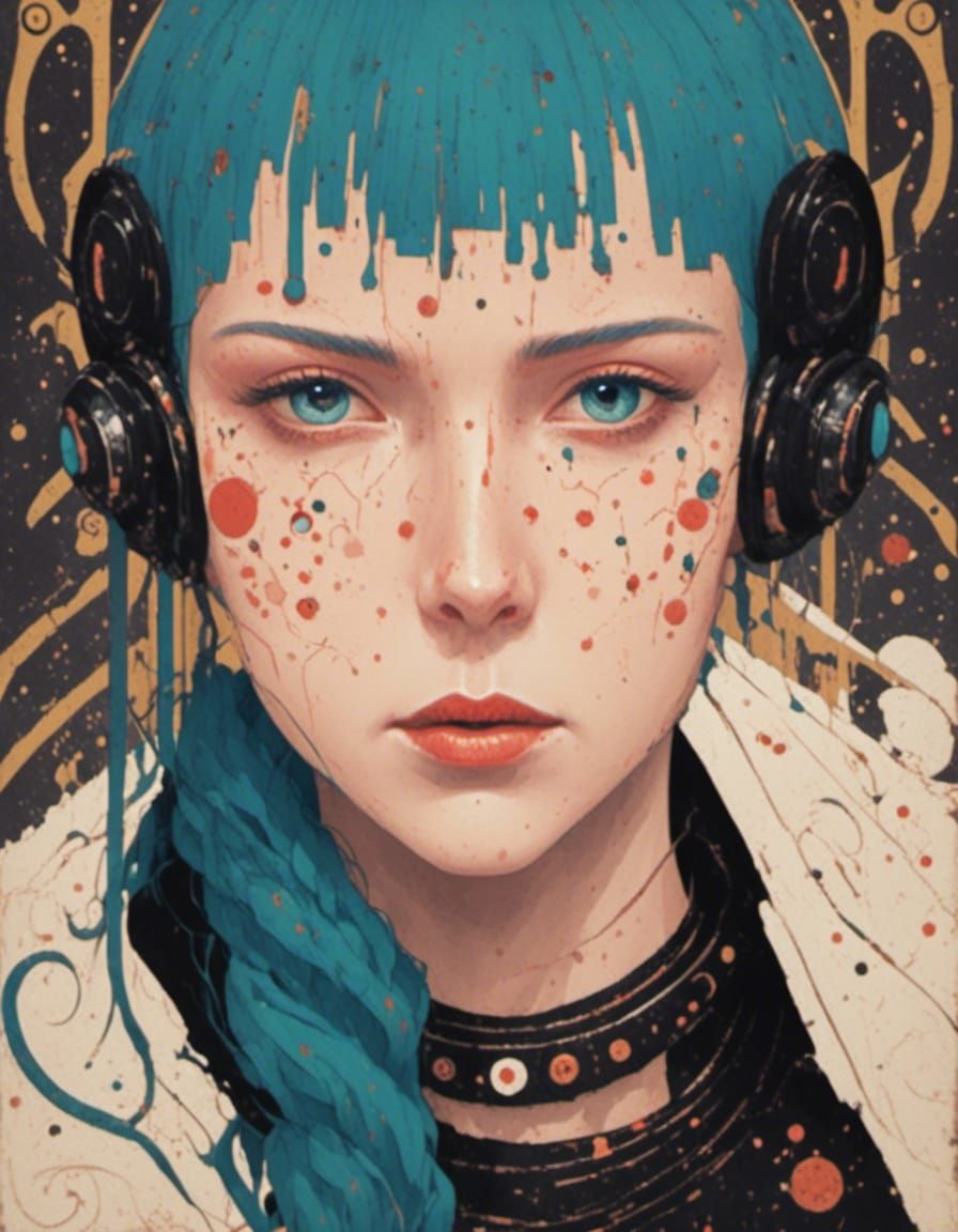 Goddess with Geometric Code in Neon Art Deco Style