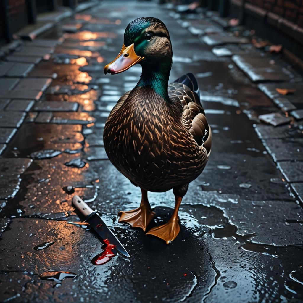 Duck with Bloody Knife in Gritty Alleyway
