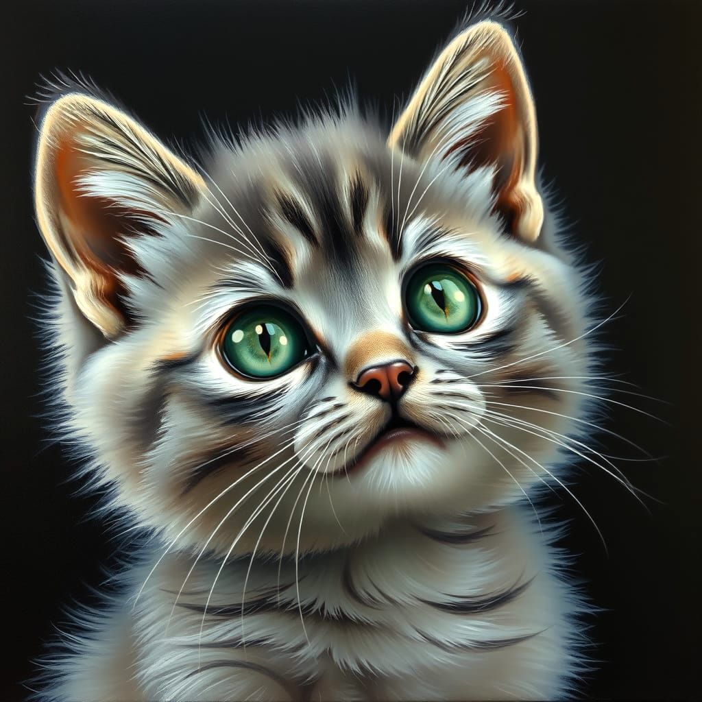 Soulful Grey Kitten in Chiaroscuro Oil Painting