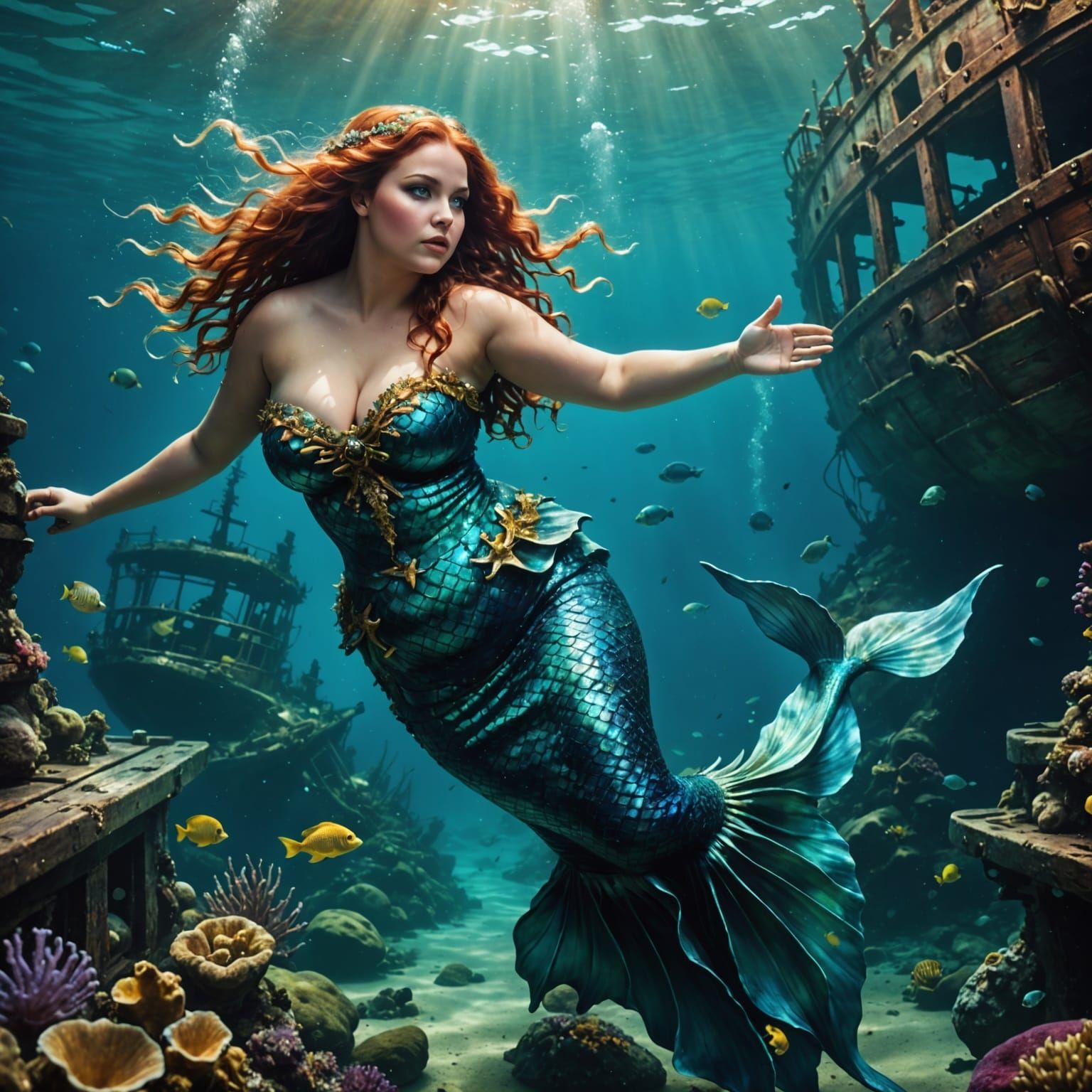Enchanting Mermaid in Sunken Shipwreck Digital Art