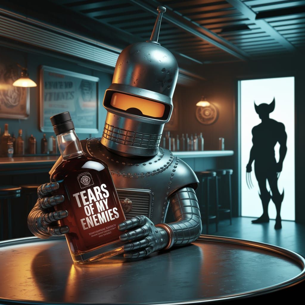 Bender in a Futuristic Dive Bar, Pursued by Wolverine