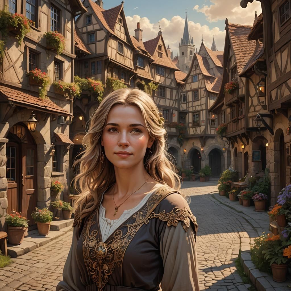 European Woman in Quaint Village: Matte Painting