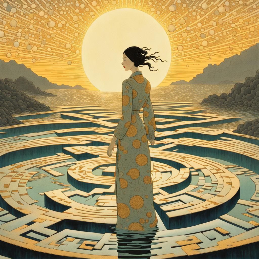 Mirrored Woman in Mercury Sea: Ukiyo-e Surrealism