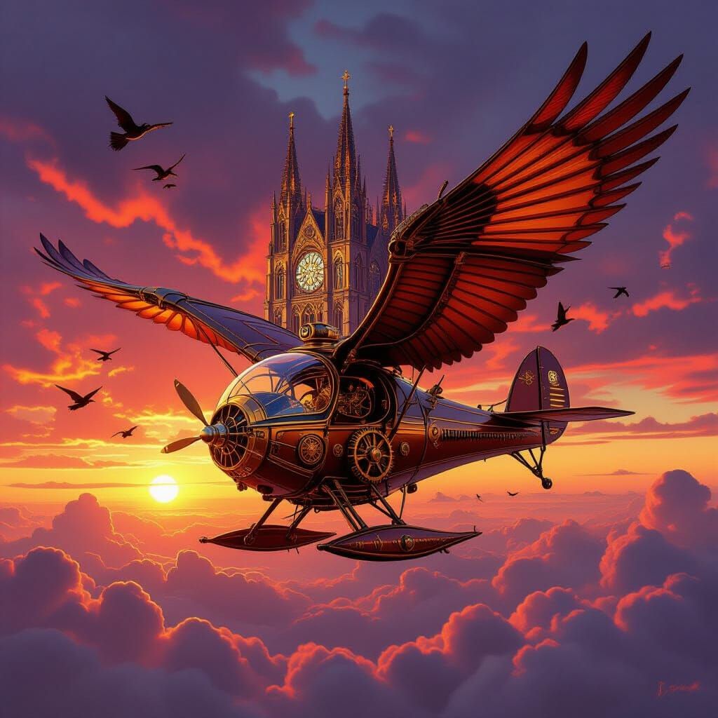 Steampunk Ornithopter Soaring at Crimson Sunset