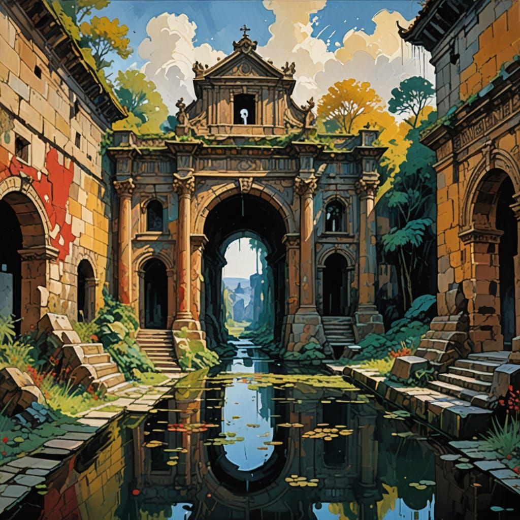 Eerie Stone Entry Hall with Ancient Architecture in Gouache ...