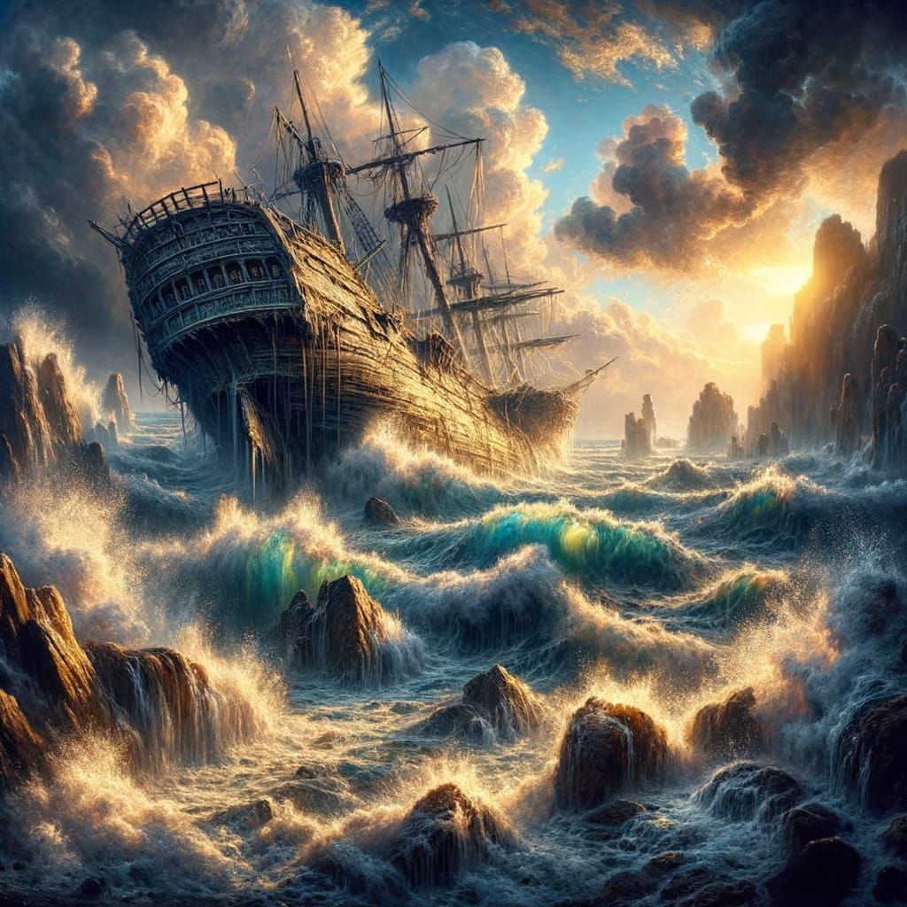 Shipwreck on Rocky Shore in Epic Waves