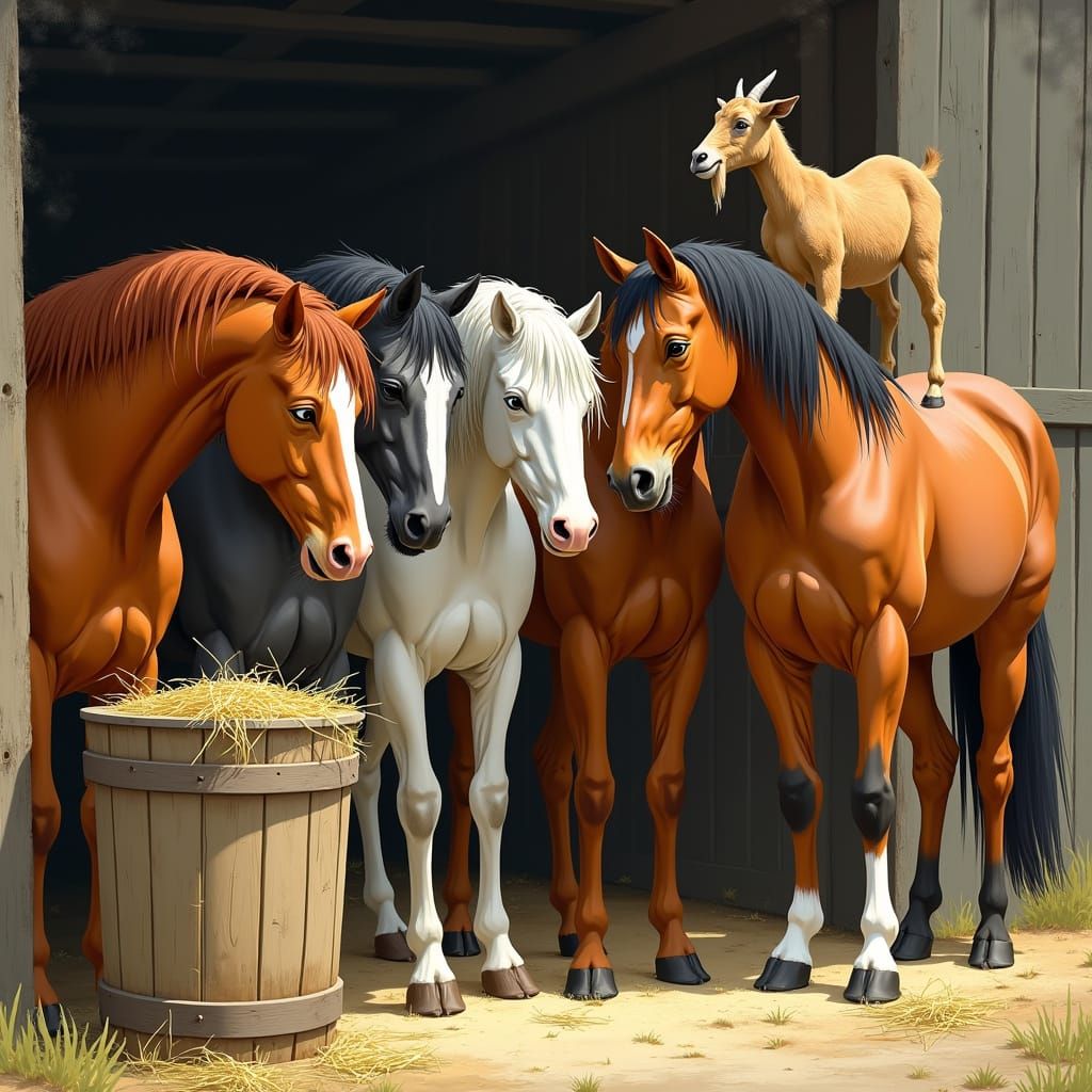 Horses Gather in Harmony with a Curious Goat Overlooking