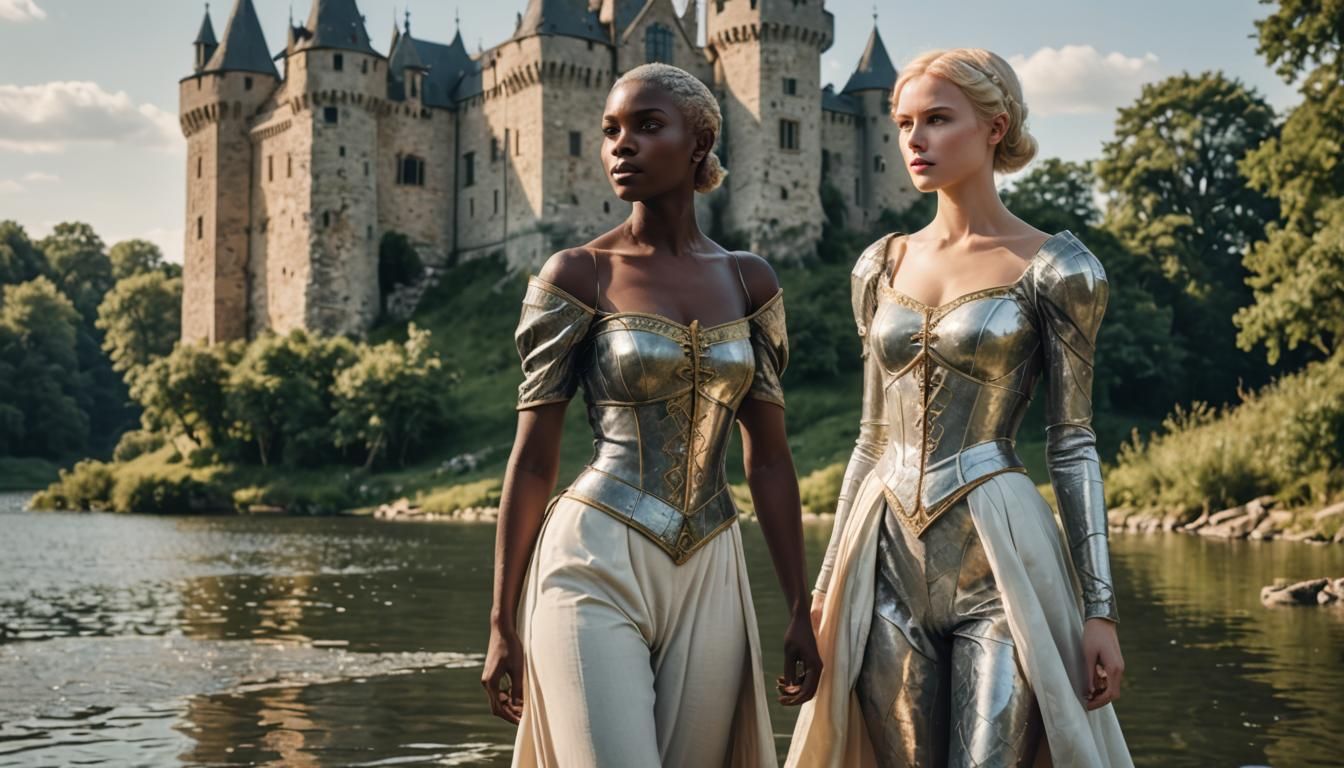 Two Women Posing near Medieval Castle