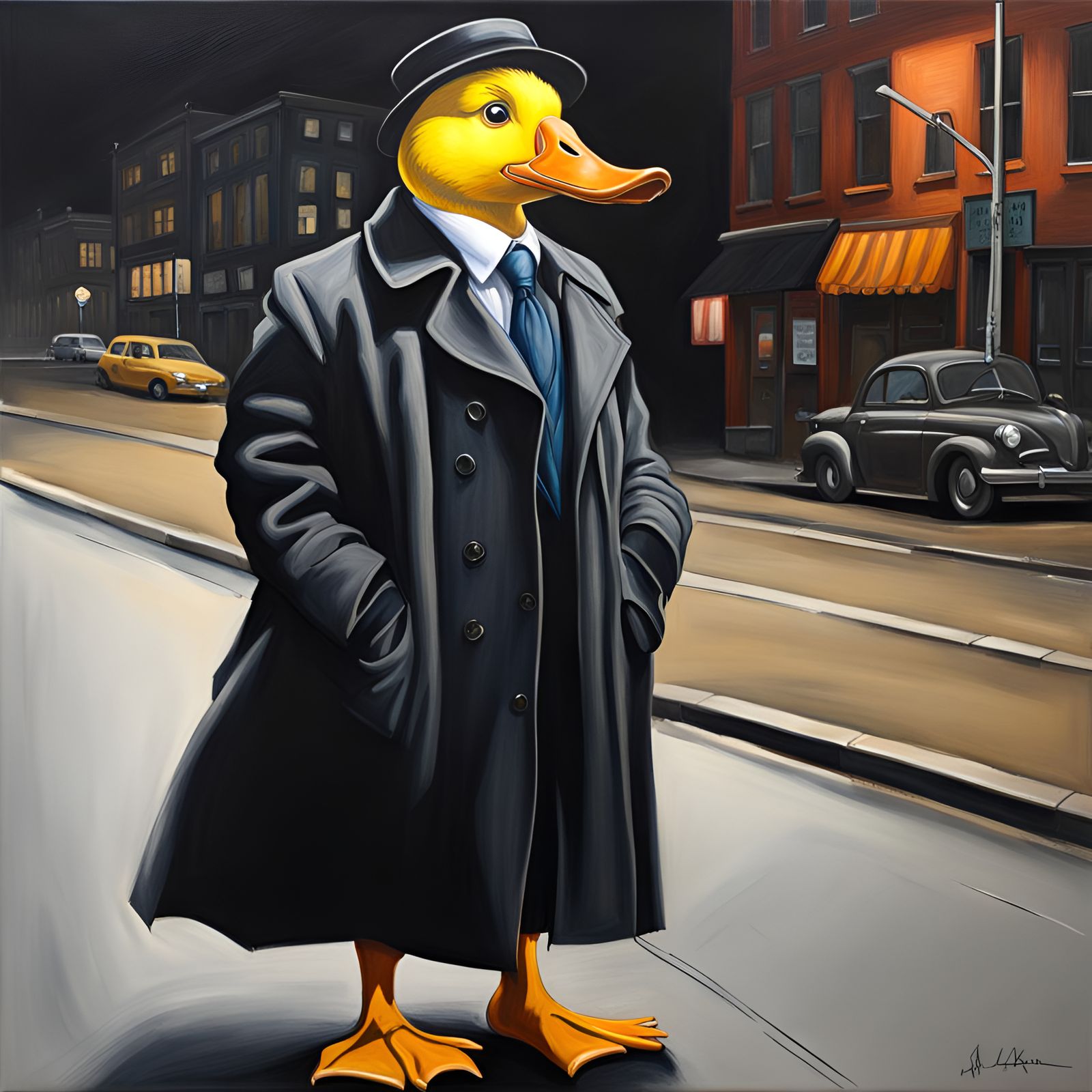 Hyperrealistic Duck Detective in Acrylic Noir