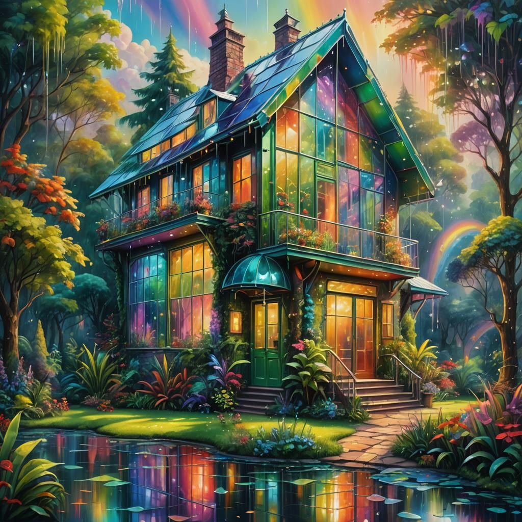 Rainbow Glass House in a Surreal Oil Painting