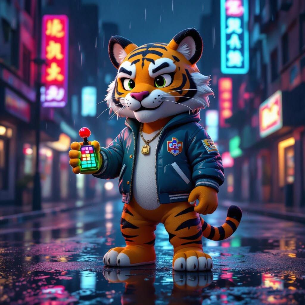 Retro Arcade Tiger Mascot in Neon Cityscape