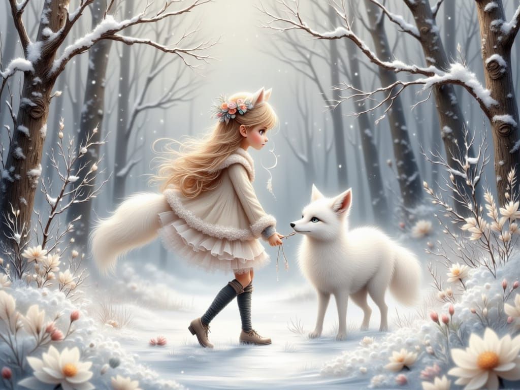 Girl and White Fox in Winter Woodland