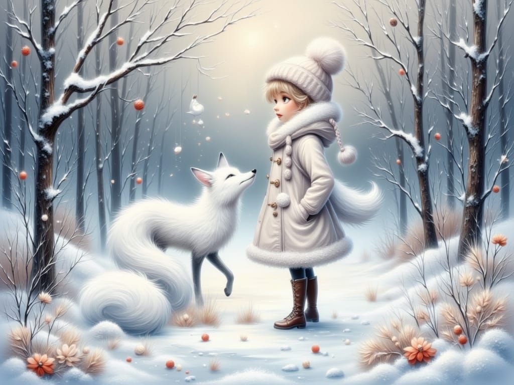 Girl and White Fox in Winter Woodland