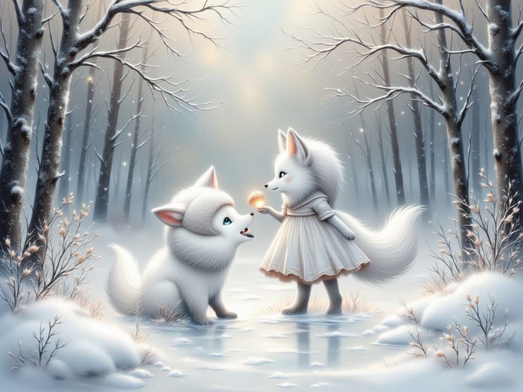 Girl and White Fox in Winter Woodland