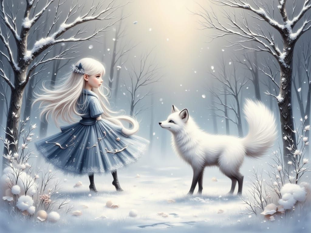 Girl and White Fox in Snowy Woodland