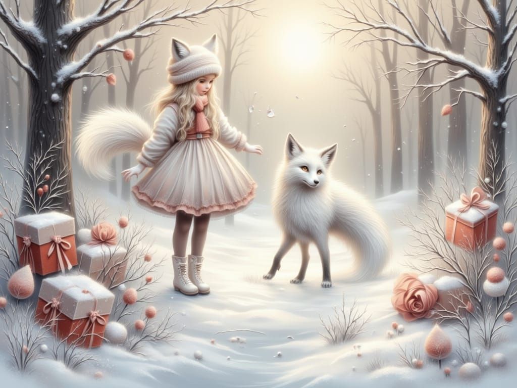 Girl and White Fox in Winter Woodland
