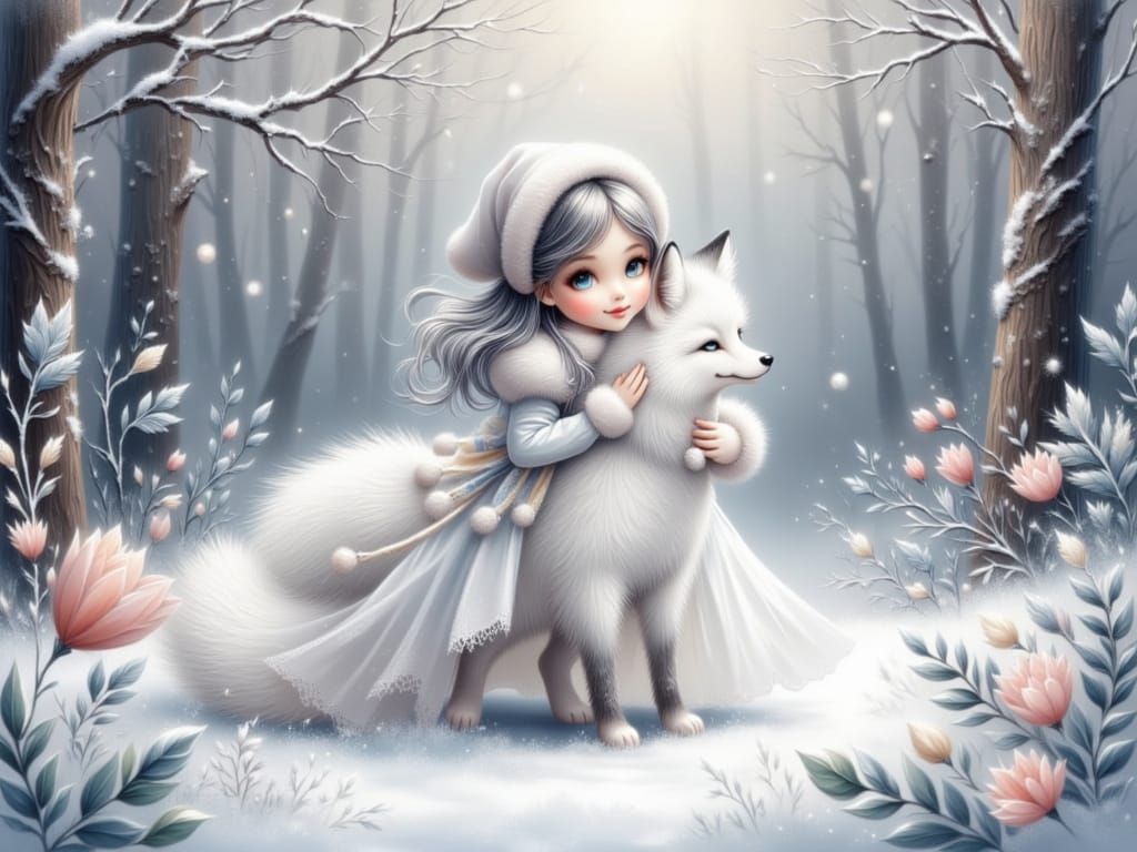 Girl With White Fox in Winter Woodland