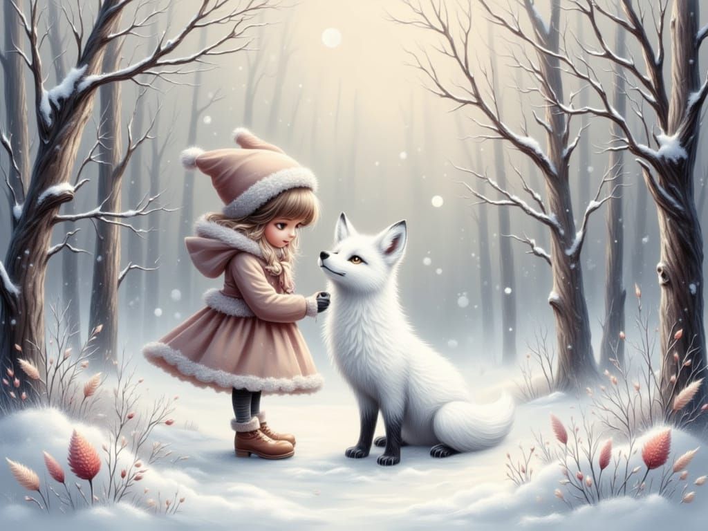 Girl and White Fox in Winter Woodland