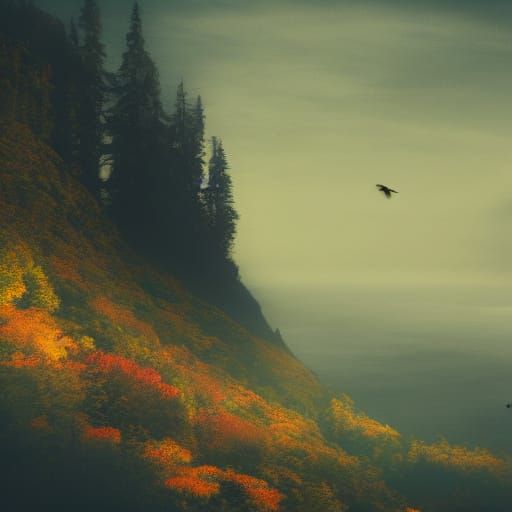 Lone Figure Overlooking Autumn Valley in Fantasy Style