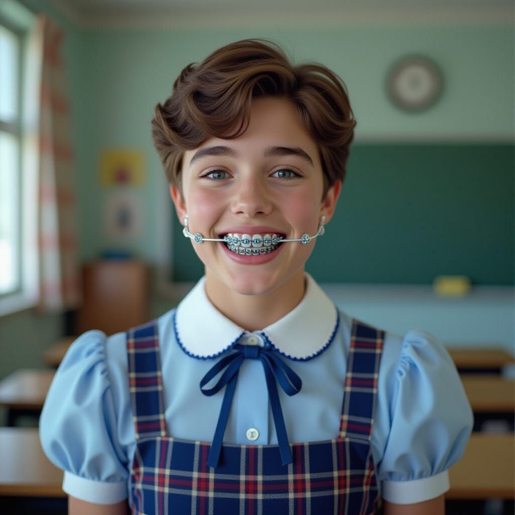 Man with Braces and Headgear in Classroom