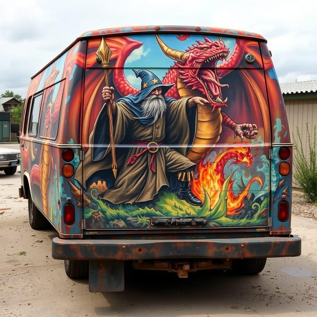 Wizard and Dragon Mural on Old Van
