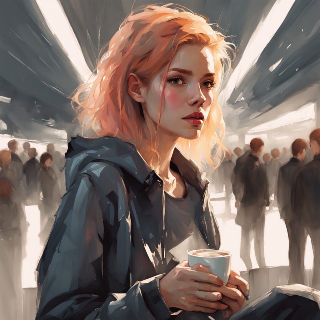 Woman Drinks Coffee in Moody Airport at Golden Hour