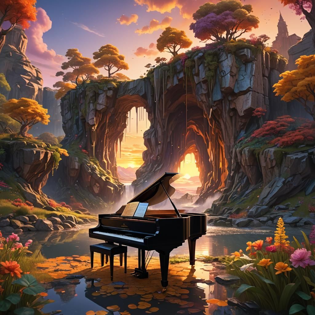 Fantastical Piano in Serene Sunset Landscape