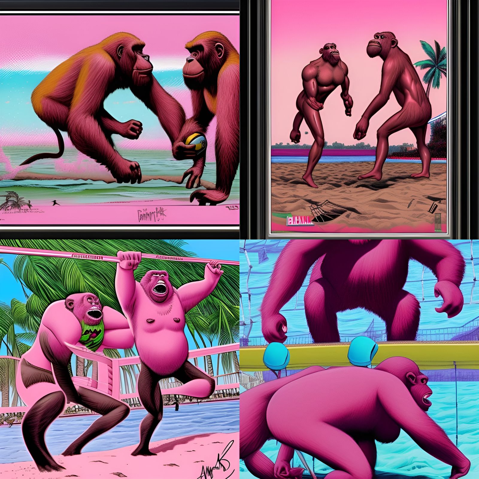Pink Gorillas Play Beach Volleyball in Comic Art