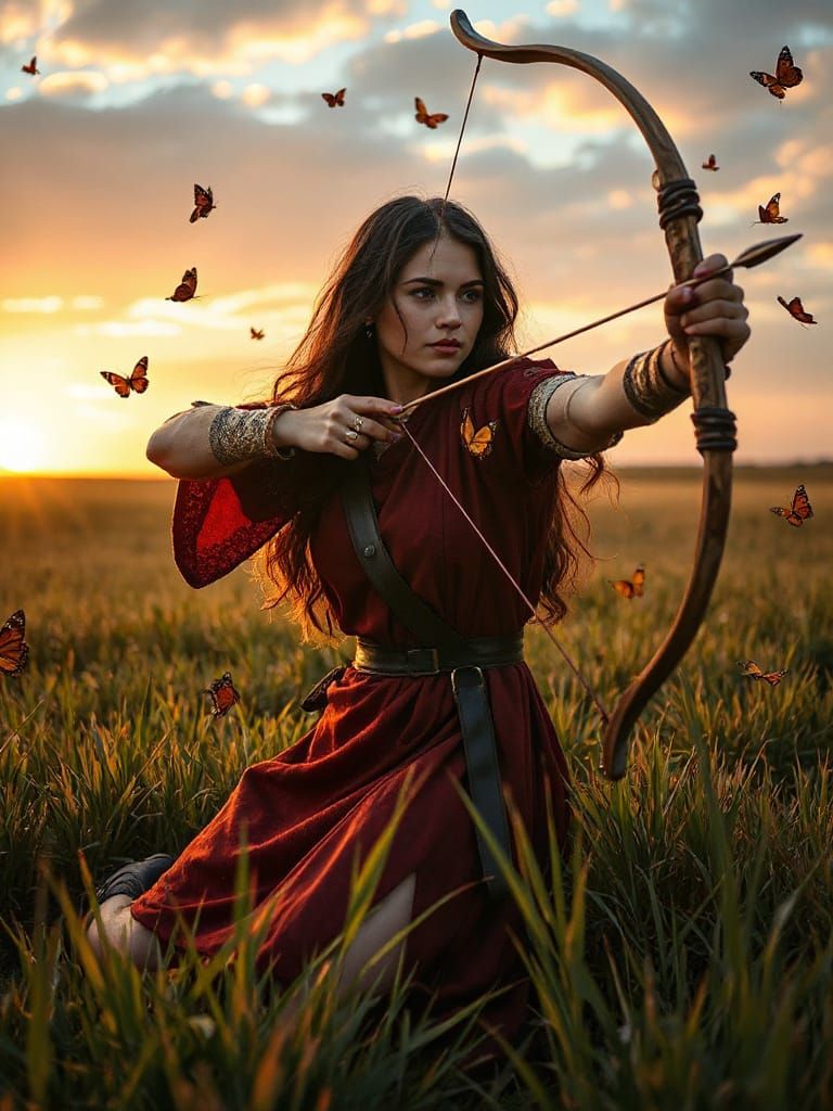 Woman Archer in Field at Sunrise, Hyperrealistic Style
