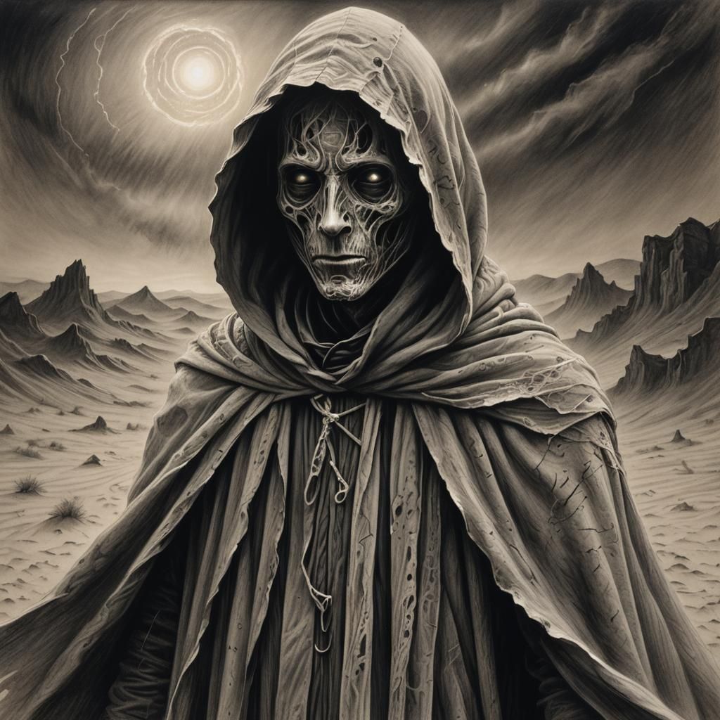 Sandstorm Apparition: Surreal Charcoal Drawing in 8K