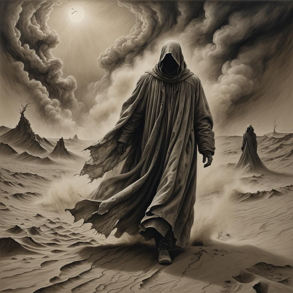 Sandstorm Apparitions: A Surrealist Charcoal Drawing