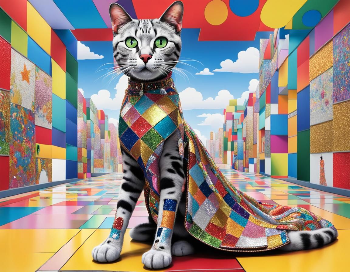 Feline Model in Extravagant Patchwork Dress