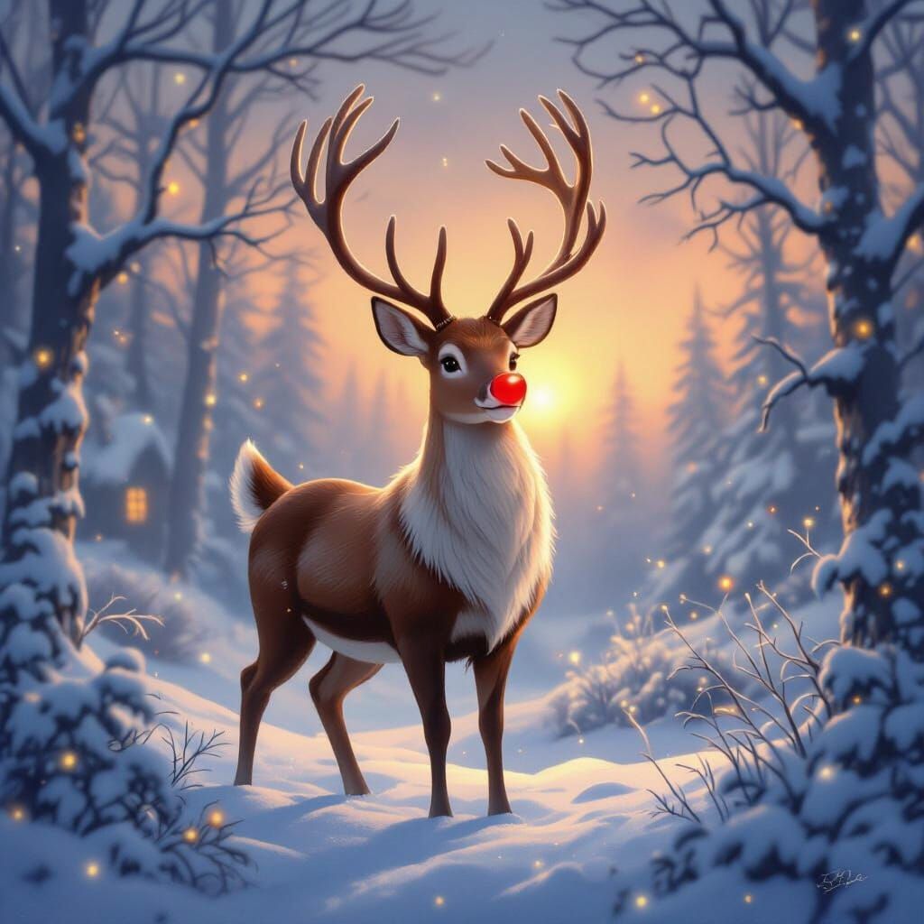 Rudolph the Reindeer in a Magical Forest at Twilight