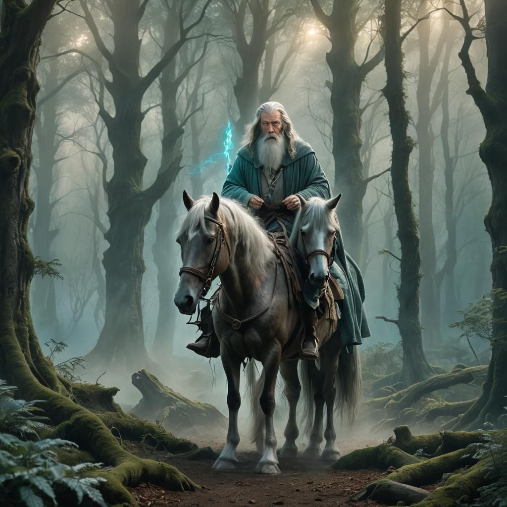 Gandalf and Horse in Mystical Forest