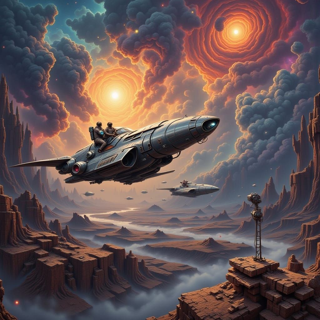 Cosmic Steampunk Spaceship Soaring Through Nebula Galaxy