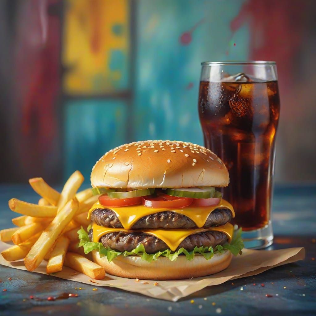Appetizing Cheeseburger, Fries and Cola Watercolor Splash Ar...