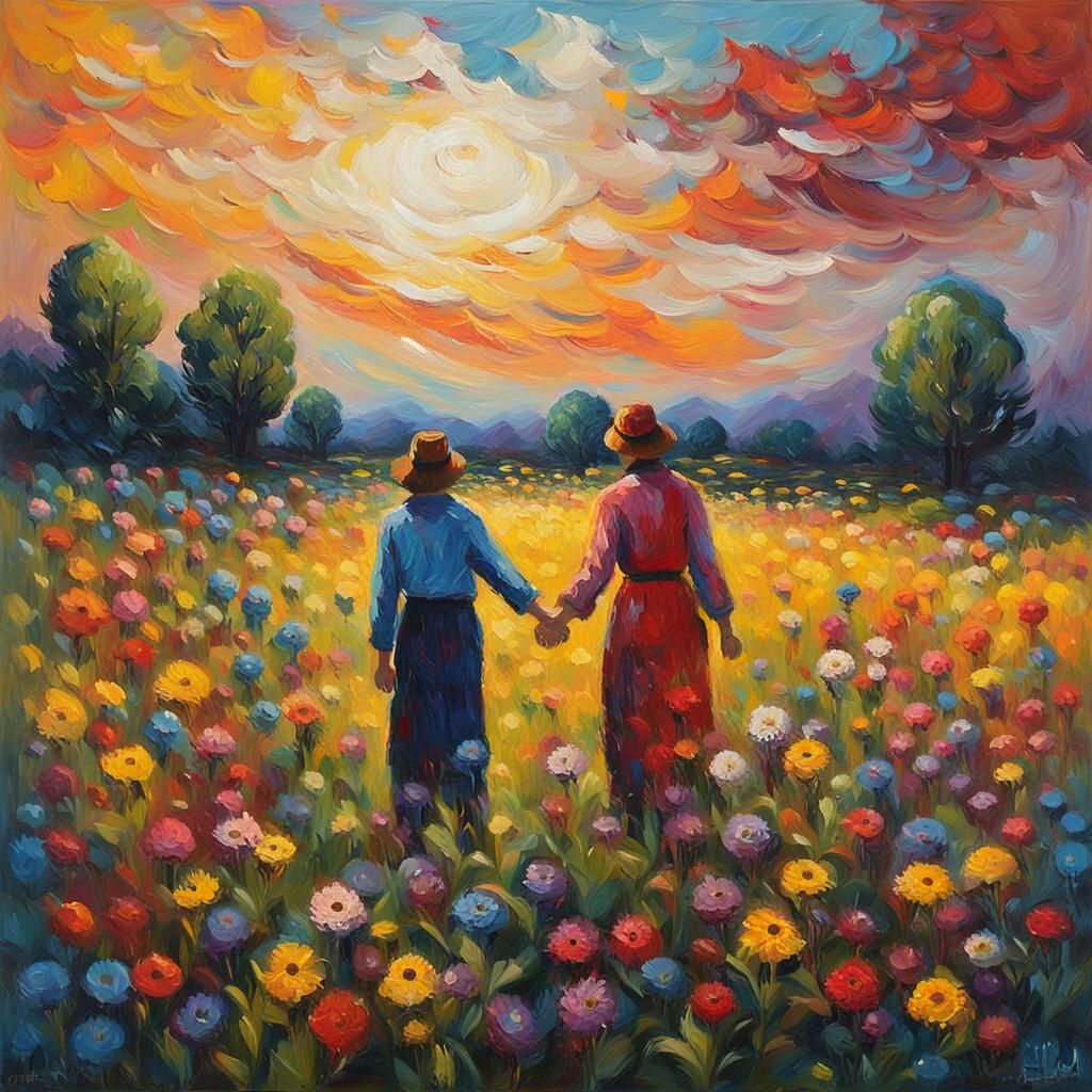 Expressionist Oil Painting of Figures in Wildflower Field
