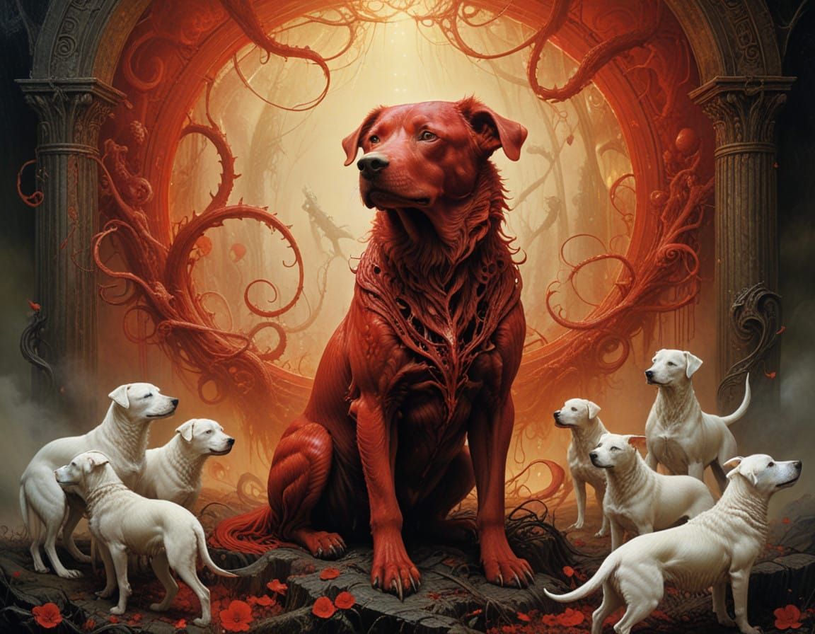 Regal Crimson Hounds in a Dreamlike Realm