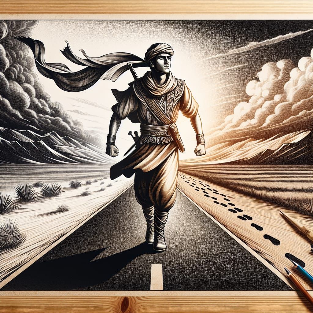 Man of Courage Walks Towards Triumph in a Stormy Landscape