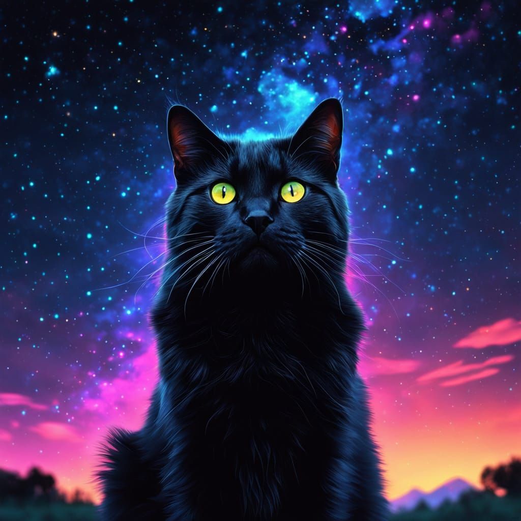 Enchanting Black Cat Under a Starry Night Sky in Cinematic H...