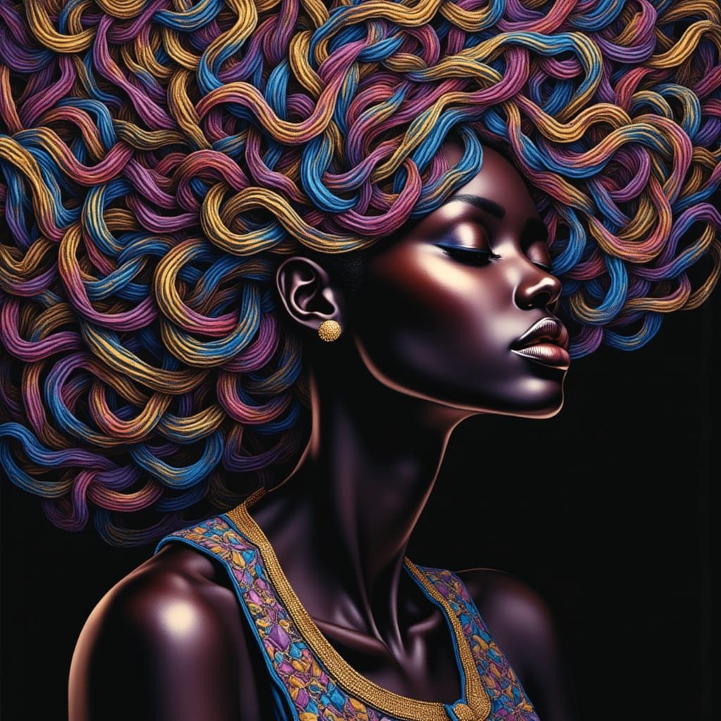 Surreal Obsidian Portrait of a Black Woman with Vibrant Hair